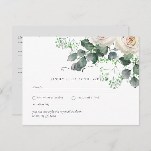 Witte Rozen Sage Eucalyptus Leaves Bruiloft RSVP Briefkaart (Voorkant / Achterkant)