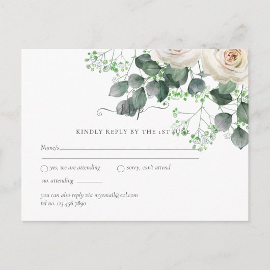 Witte Rozen Sage Eucalyptus Leaves Bruiloft RSVP Briefkaart (Voorkant)