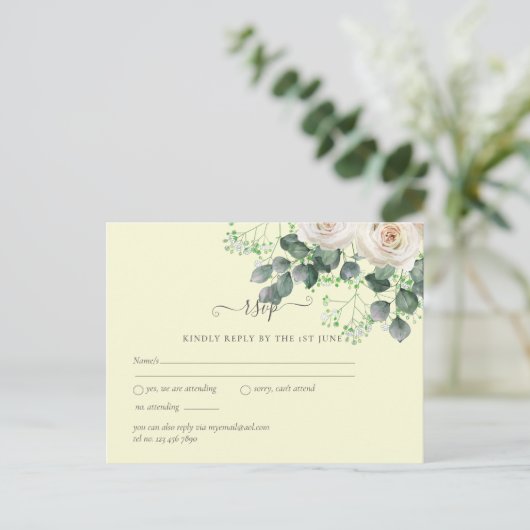 Witte rozen Sage Eucalyptus Lemon Yellow RSVP Briefkaart (Staand voorkant)