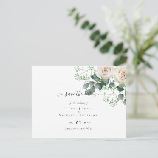 Witte rozen Sage Eucalyptus Weduwdata Briefkaart (Staand voorkant)