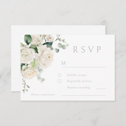 Witte Rozen & Sage Leaf Bruiloft RSVP Kaartje (Voorkant / Achterkant)