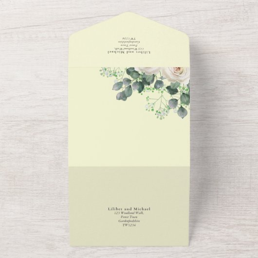 Witte Rozen Salie Eucalyptus Citroen Geel TROUWEN All In One Uitnodiging (Buitenkant)