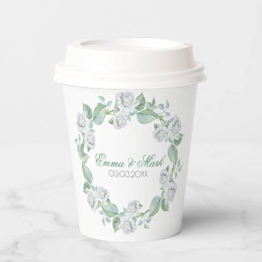 Witte Rozen- Save The Date Paper Cup Papieren Bekers (Voorkant)