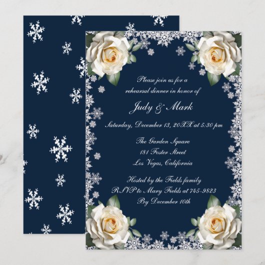 Witte Rozen Sneeuwvlok Kerst repetitie Diner Kaart (Voorkant / Achterkant)