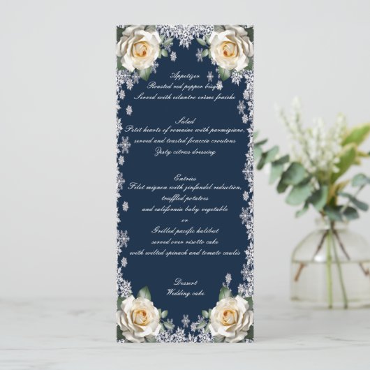 Witte Rozen Sneeuwvlok Kerst Trouwmenu Menu (Staand voorkant)