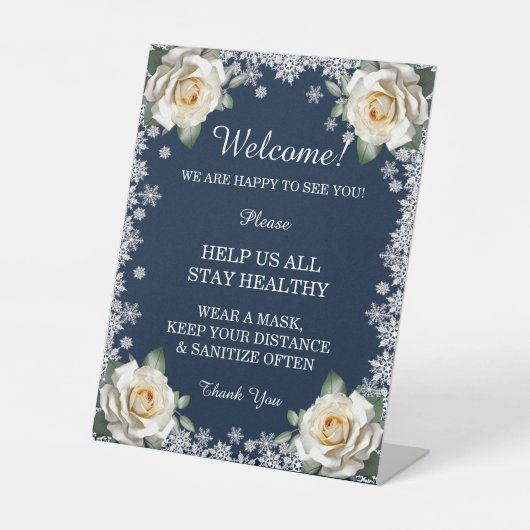Witte Rozen Sneeuwvlok Kerst Veiligheidsmaatregele Reclamebord Met Voetstuk (Voorkant)