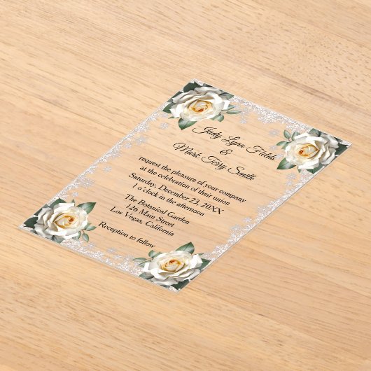 Witte Rozen Sneeuwvlok Kerstbruiloft Acryl Uitnodigingen (Laagn)