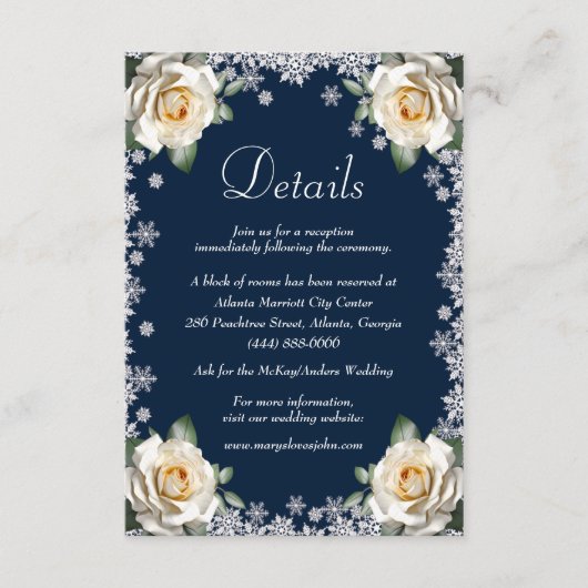 Witte Rozen Sneeuwvlok Kerstbruiloft Details Informatiekaartje (Voorkant)