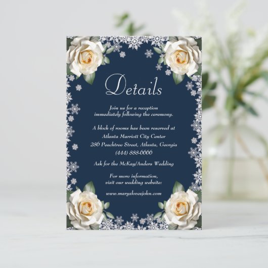 Witte Rozen Sneeuwvlok Kerstbruiloft Details Informatiekaartje