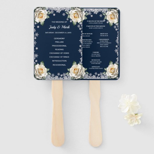 Witte Rozen Sneeuwvlok Kerstbruiloft Handwaaier (Voorkant en achterkant)