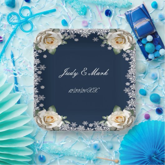 Witte Rozen Sneeuwvlok Kerstbruiloft Papieren Bordje (Feest)