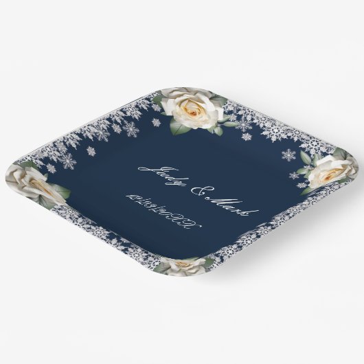 Witte Rozen Sneeuwvlok Kerstbruiloft Papieren Bordje (Gebogen)