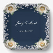 Witte Rozen Sneeuwvlok Kerstbruiloft Papieren Bordje (Voorkant)