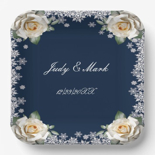 Witte Rozen Sneeuwvlok Kerstbruiloft Papieren Bordje (Voorkant)