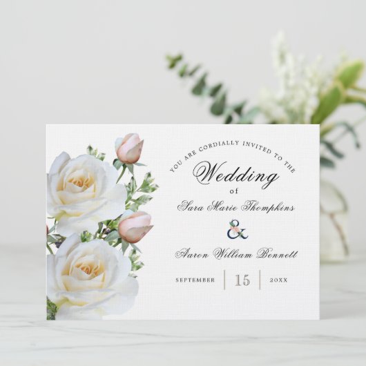 Witte rozen - Traditioneel | Uitnodiging tot wedde (Staand voorkant)