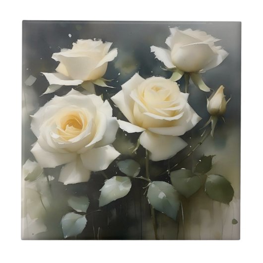 witte rozen tuin waterverf schilderij tegeltje (Voorkant)
