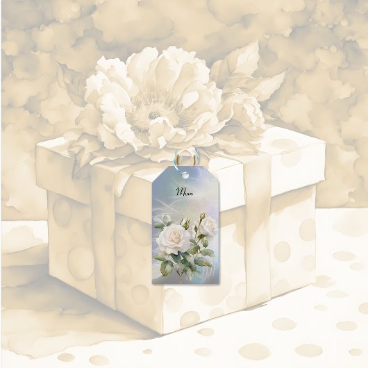 Witte rozen & veren cadeaulabel