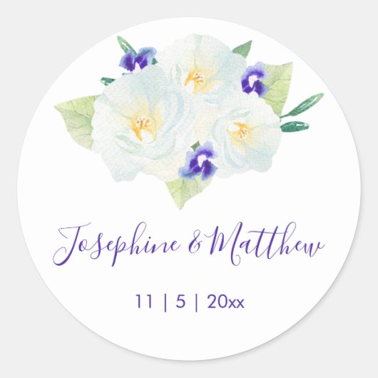 Witte Rozen & Violet Bloemen Bruiloft Ronde Sticker (Voorkant)