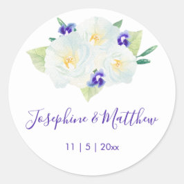 Witte Rozen & Violet Bloemen Bruiloft Ronde Sticker