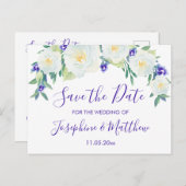 Witte rozen & viooltjes Bewaar de datum Aankondigingskaart (Voorkant / Achterkant)