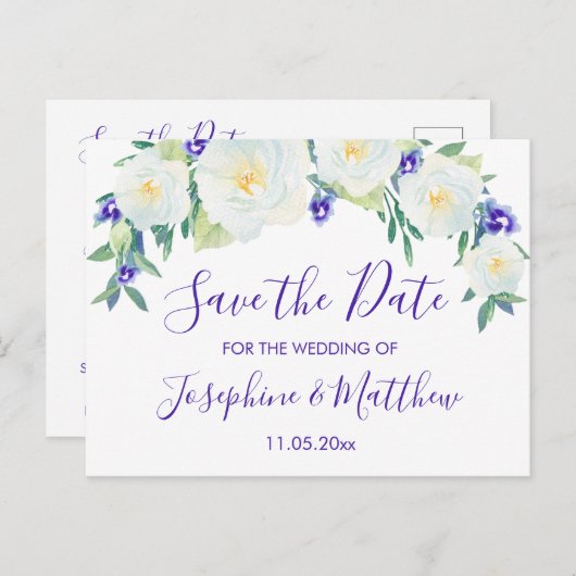 Witte rozen & viooltjes Bewaar de datum Aankondigingskaart (Voorkant / Achterkant)