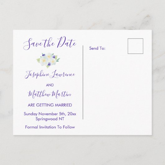 Witte rozen & viooltjes Bewaar de datum Aankondigingskaart (Achterkant)