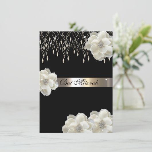 Witte rozen, vleermuis mitswa, aangepaste uitnodig kaart (Staand voorkant)