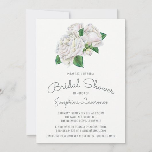Witte Rozen Waterverf Bruidsdouche Uitnodigingen (Voorkant)