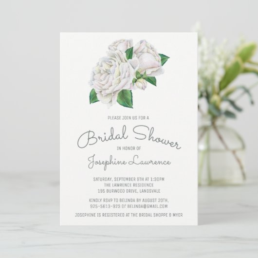 Witte Rozen Waterverf Bruidsdouche Uitnodigingen (Staand voorkant)