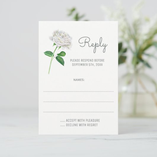 Witte Rozen Waterverf Bruiloft Antwoord Kaarten (Staand voorkant)