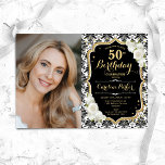 Witte Rozen Zwart Wit Damask Foto 50e Verjaardag Kaart<br><div class="desc">Elegante bloemenvrouwelijke 50e verjaardagsuitnodiging met uw foto. Glam zwart wit ontwerp met faux glitter goud. Beschikt over zwart-wit damast patroon, rozen, script lettertype en confetti. Perfect voor een stijlvol volwassen feestje. Personaliseer met je eigen gegevens. Kan voor om het even welke leeftijd worden aangepast! Gedrukte Zazzle-uitnodigingen of direct download digitale...</div>