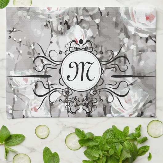 Witte rozenbloem winterbloemgrijs theedoek (Gevouwen)