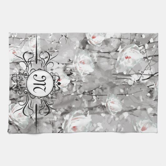 Witte rozenbloem winterbloemgrijs theedoek (Horizontaal)
