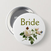 witte rozenbloemen, bruin of bruin ronde button 7,6 cm (Voorkant /achterkant)
