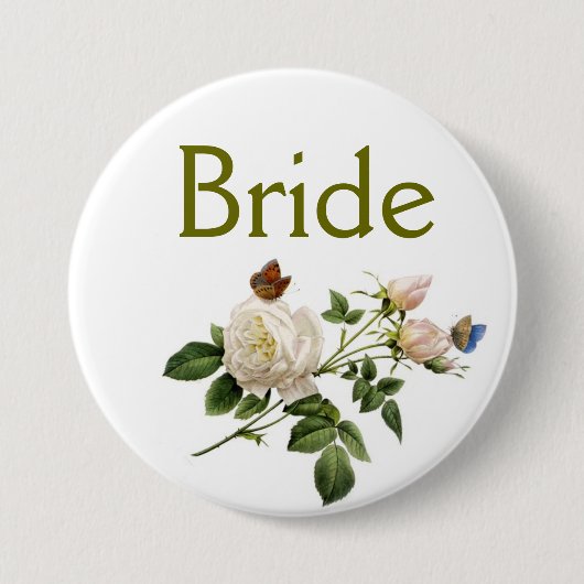 witte rozenbloemen, bruin of bruin ronde button 7,6 cm (Voorkant)