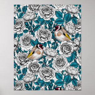 Witte rozenbloemen en goudvinken poster