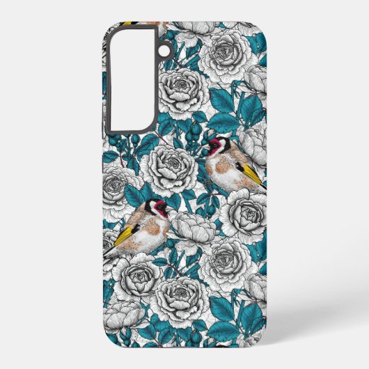 Witte rozenbloemen en goudvinken samsung galaxy hoesje (Achterkant)