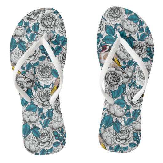 Witte rozenbloemen en goudvinken teenslippers (Voetbed)