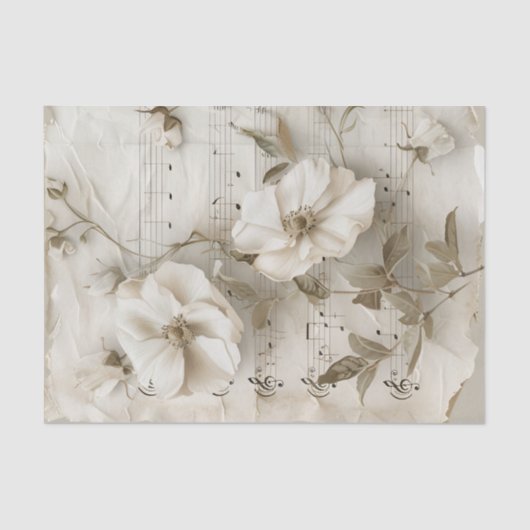 Witte rozenbloemen  muziekblad ephemera tissuepapier (Voorkant)
