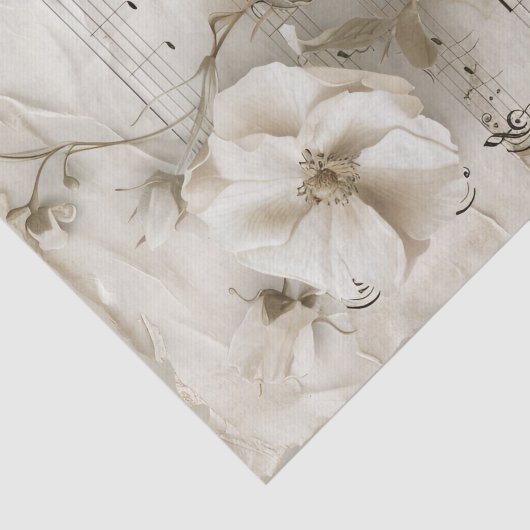 Witte rozenbloemen muziekblad ephemera tissuepapier (Detail)