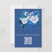 Witte rozenbloemen op blauw patroonpapier RSVP kaartje (Achterkant)