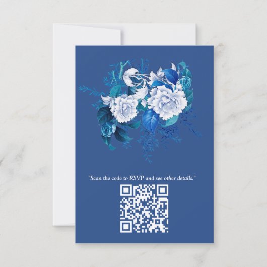 Witte rozenbloemen op blauw patroonpapier RSVP kaartje (Achterkant)