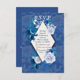Witte rozenbloemen op blauw patroonpapier RSVP kaartje