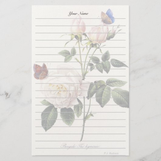 witte rozenbloemen, Pierre Joseph Redouté Briefpapier (Voorkant)