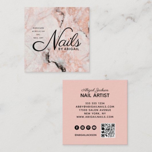 Witte rozenmarmer op website & QR-code roze Vierkante Visitekaartje (Voorkant / Achterkant)