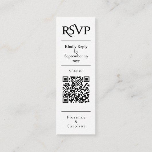 Witte RSVP QR Code Bruiloft Budget Behuizing Kaart Mini Visitekaartje (Voorkant)
