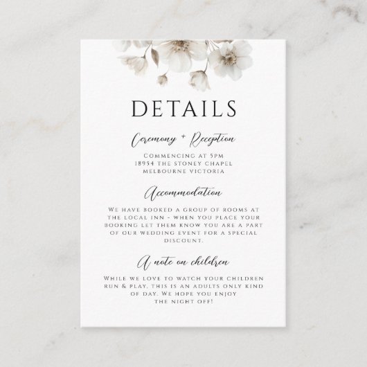 Witte rustieke bloem elegante bruiloft details informatiekaartje (Voorkant)