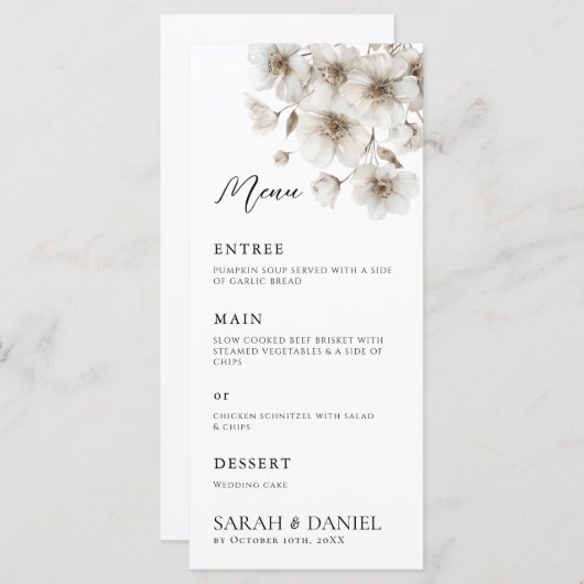 Witte rustieke bloem elegante bruiloft menu (Voorkant / Achterkant)