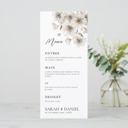 Witte rustieke bloem elegante bruiloft menu (Staand voorkant)