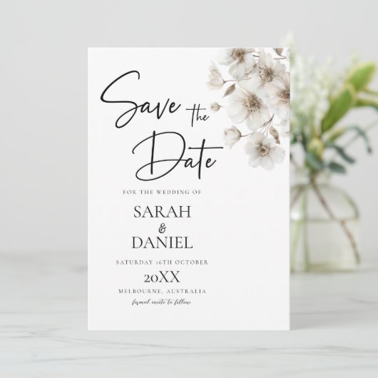 Witte rustieke bloem elegante bruiloft save the date (Staand voorkant)